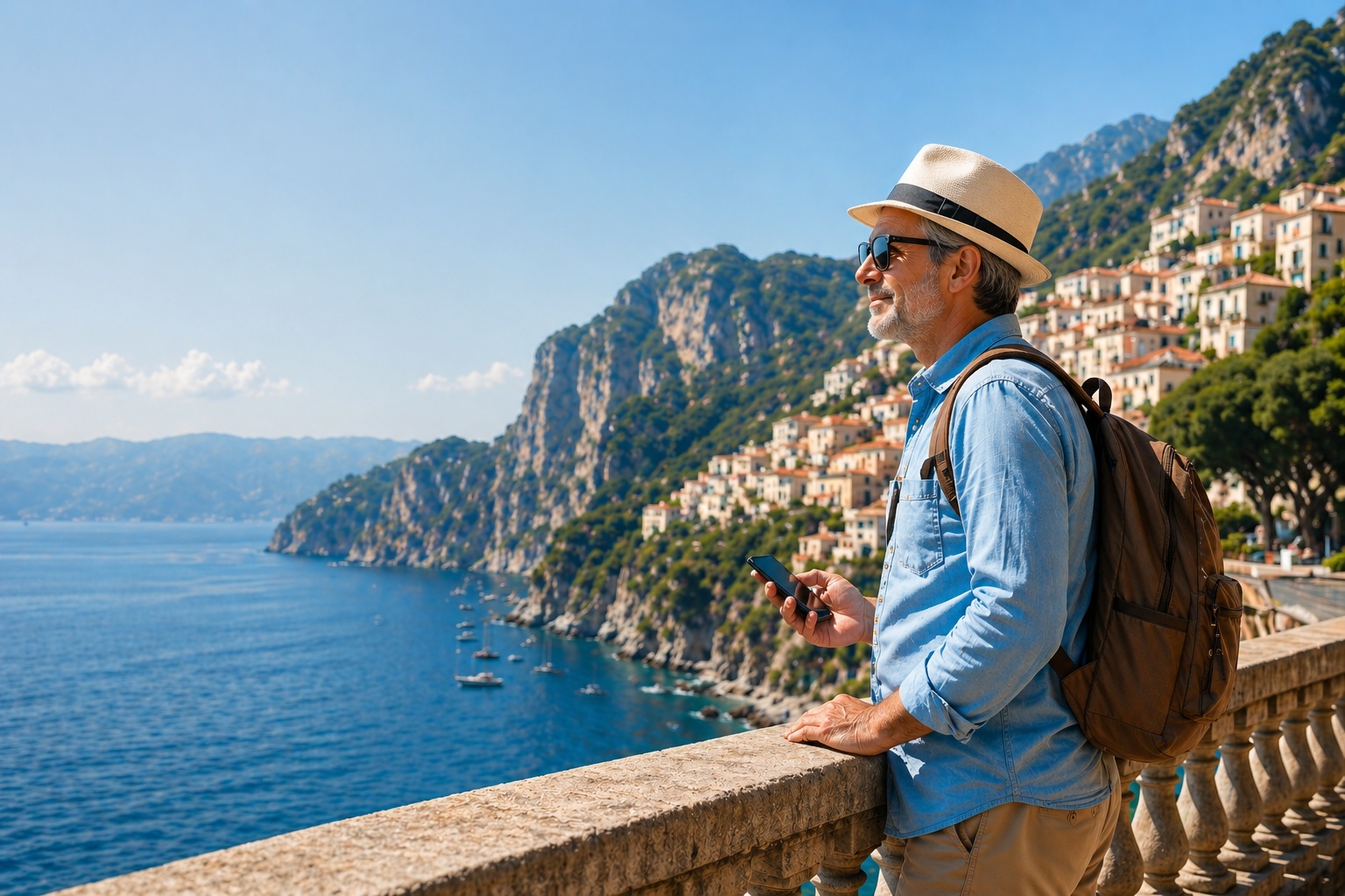 Voyageur contemplant une ville côtière